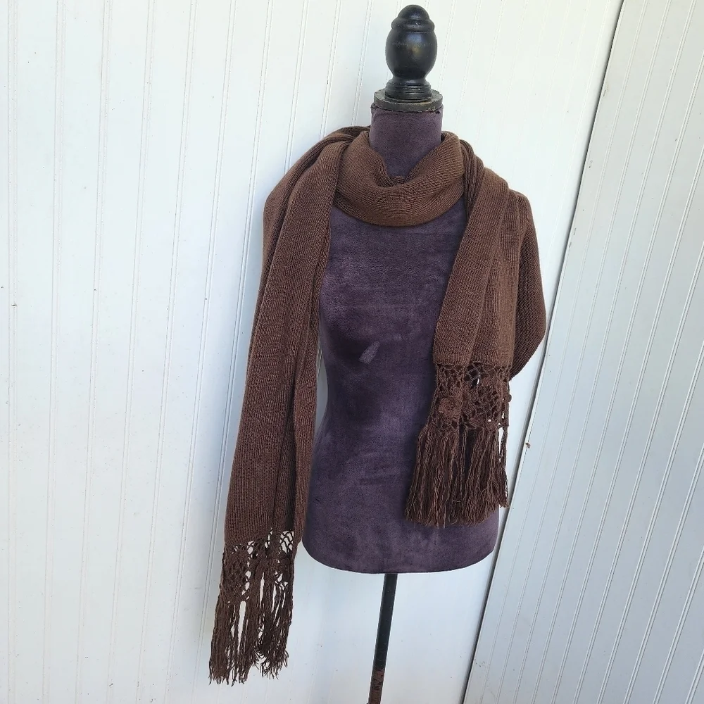 Neck Scarf Wrap Hand Crochet Cozy Brown Flowers Knit Detail Fringe 86